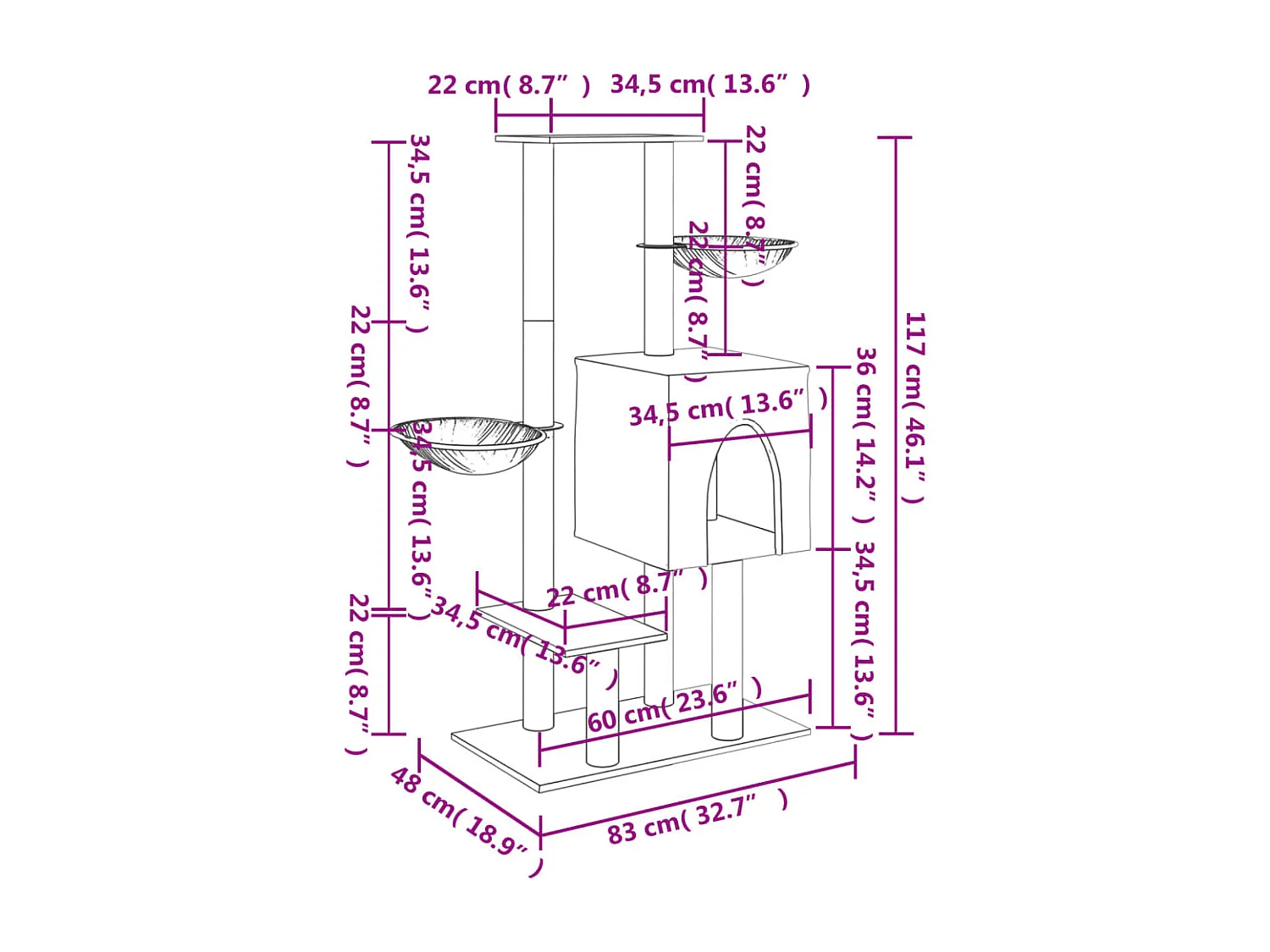 Rascador para gatos con postes de sisal gris claro 117 cm