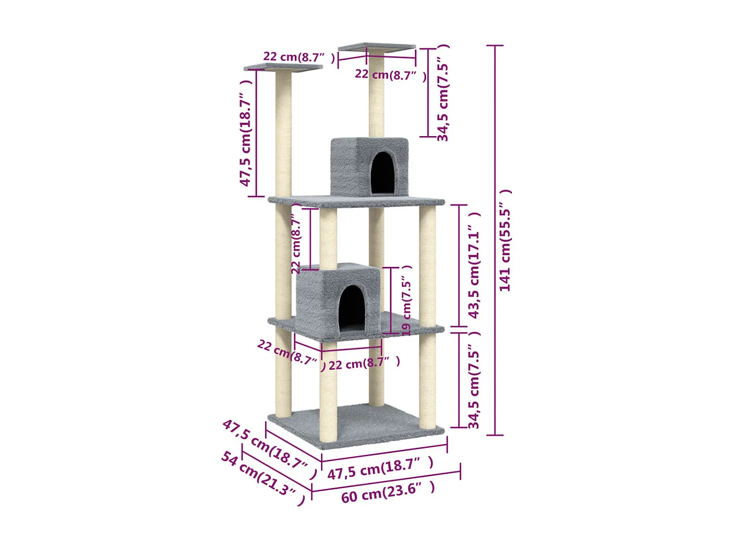 Arbre à chat avec griffoirs en sisal Gris clair 141 cm