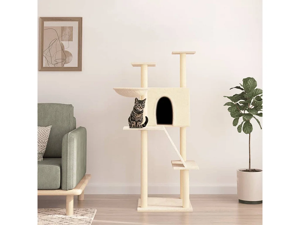 Rascador para gatos con postes de sisal color crema 143 cm