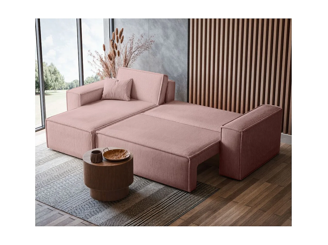 Canapé FARAH d'angle convertible et réversible 4 places en velours côtelé - Rose