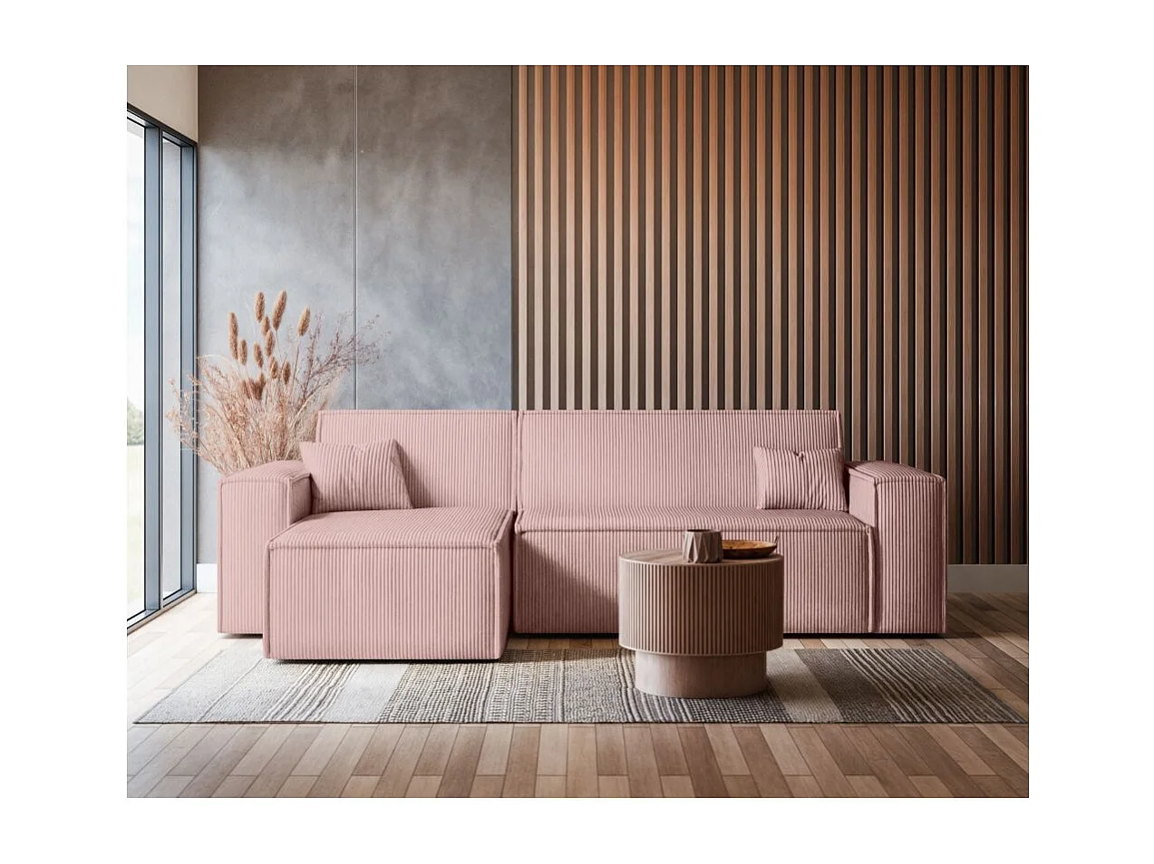 Canapé FARAH d'angle convertible et réversible 4 places en velours côtelé - Rose