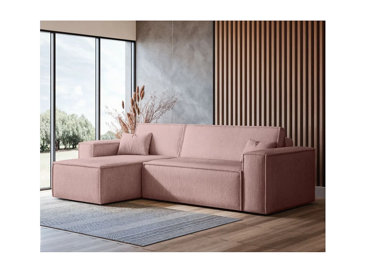 Canapé FARAH d'angle convertible et réversible 4 places en velours côtelé - Rose