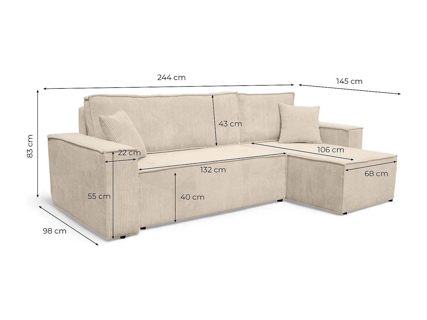 Canapé FARAH d'angle convertible et réversible 4 places en velours côtelé - Rose