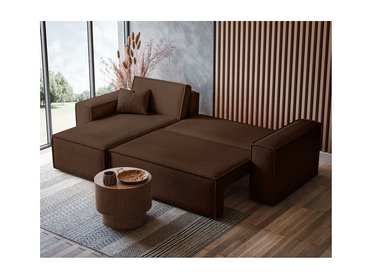 Canapé FARAH d'angle convertible et réversible 4 places en velours côtelé - Marron