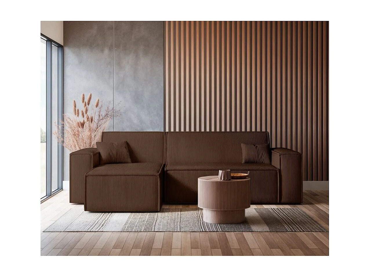 Canapé FARAH d'angle convertible et réversible 4 places en velours côtelé - Marron