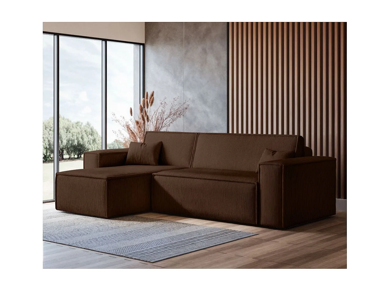 Canapé FARAH d'angle convertible et réversible 4 places en velours côtelé - Marron