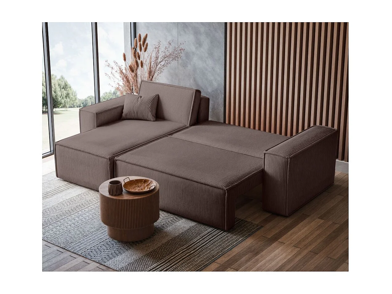 Canapé FARAH d'angle convertible et réversible 4 places en velours côtelé - Marron glacé