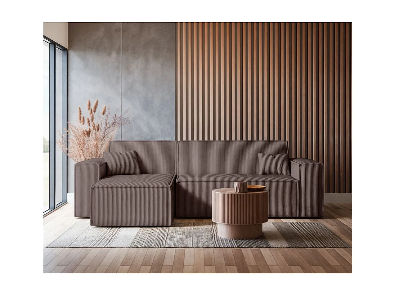 Canapé FARAH d'angle convertible et réversible 4 places en velours côtelé - Marron glacé