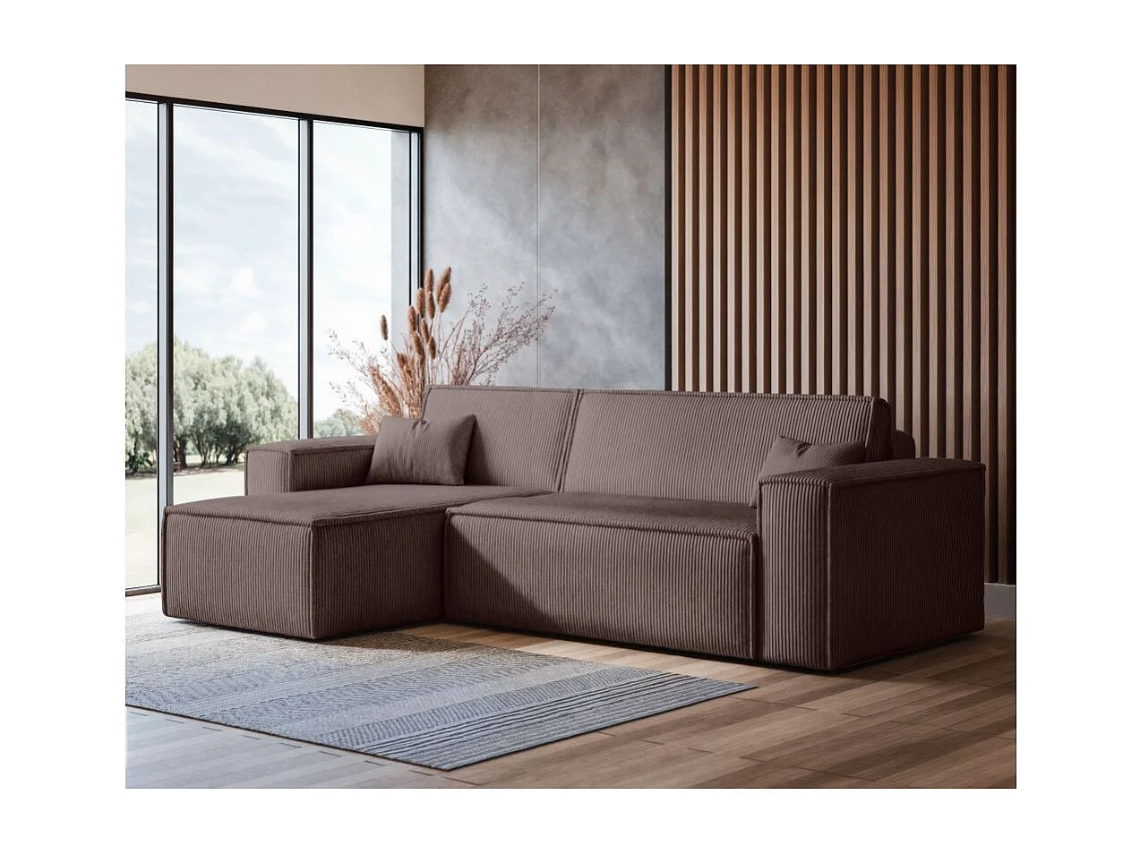 Canapé FARAH d'angle convertible et réversible 4 places en velours côtelé - Marron glacé