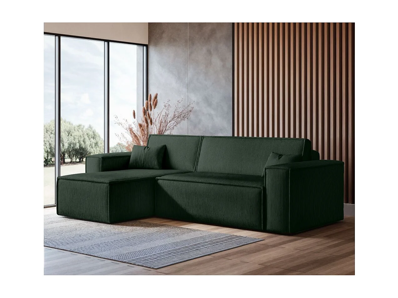 Canapé FARAH d'angle convertible et réversible 4 places en velours côtelé - Vert foncé