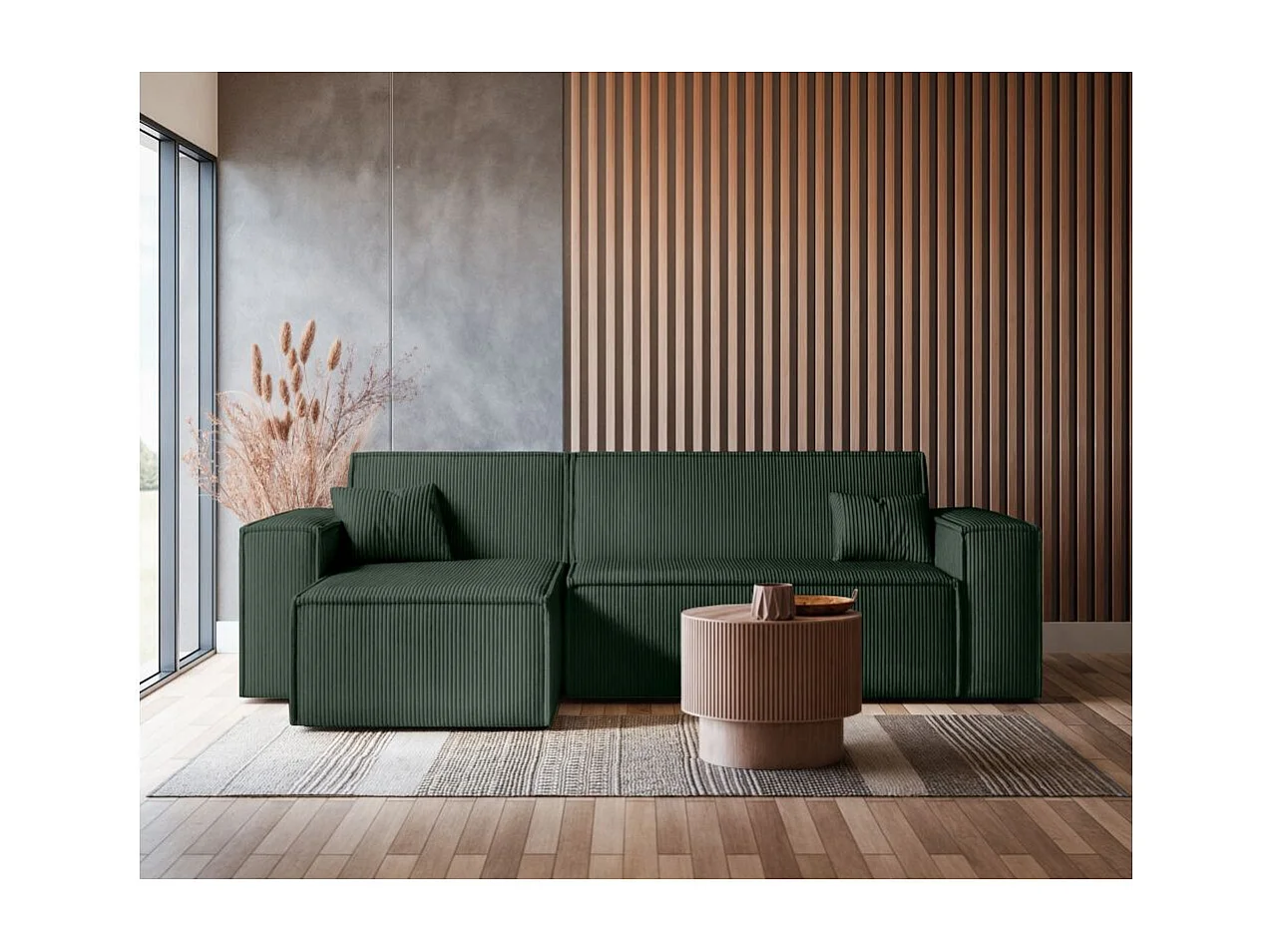 Canapé FARAH d'angle convertible et réversible 4 places en velours côtelé - Vert foncé