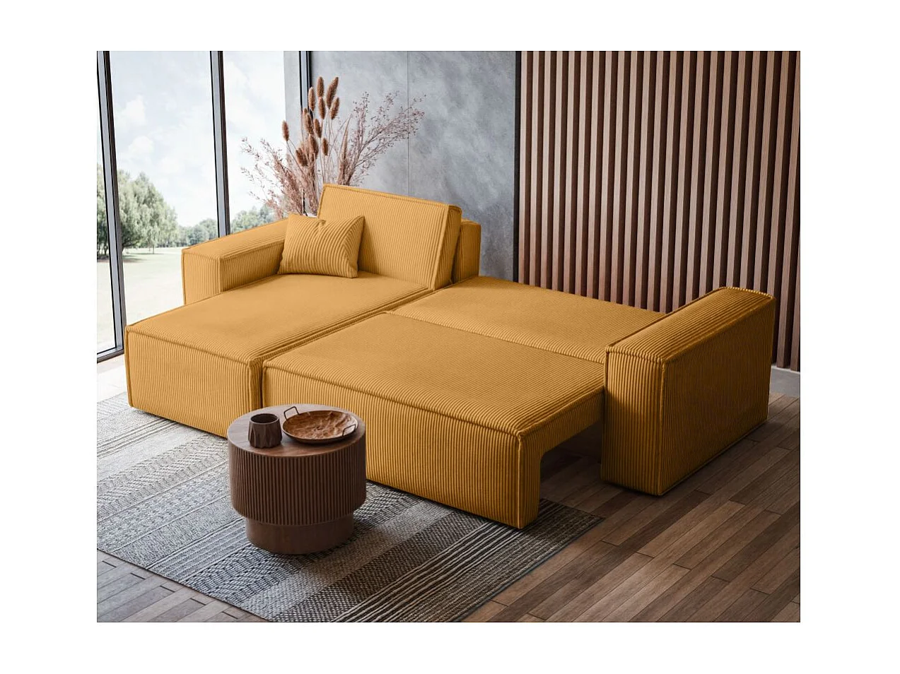 Canapé FARAH d'angle convertible et réversible 4 places en velours côtelé - Jaune