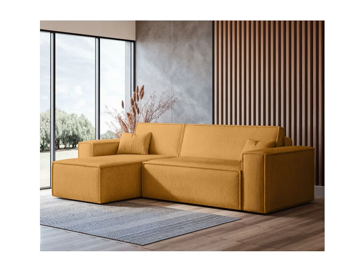 Canapé FARAH d'angle convertible et réversible 4 places en velours côtelé - Jaune