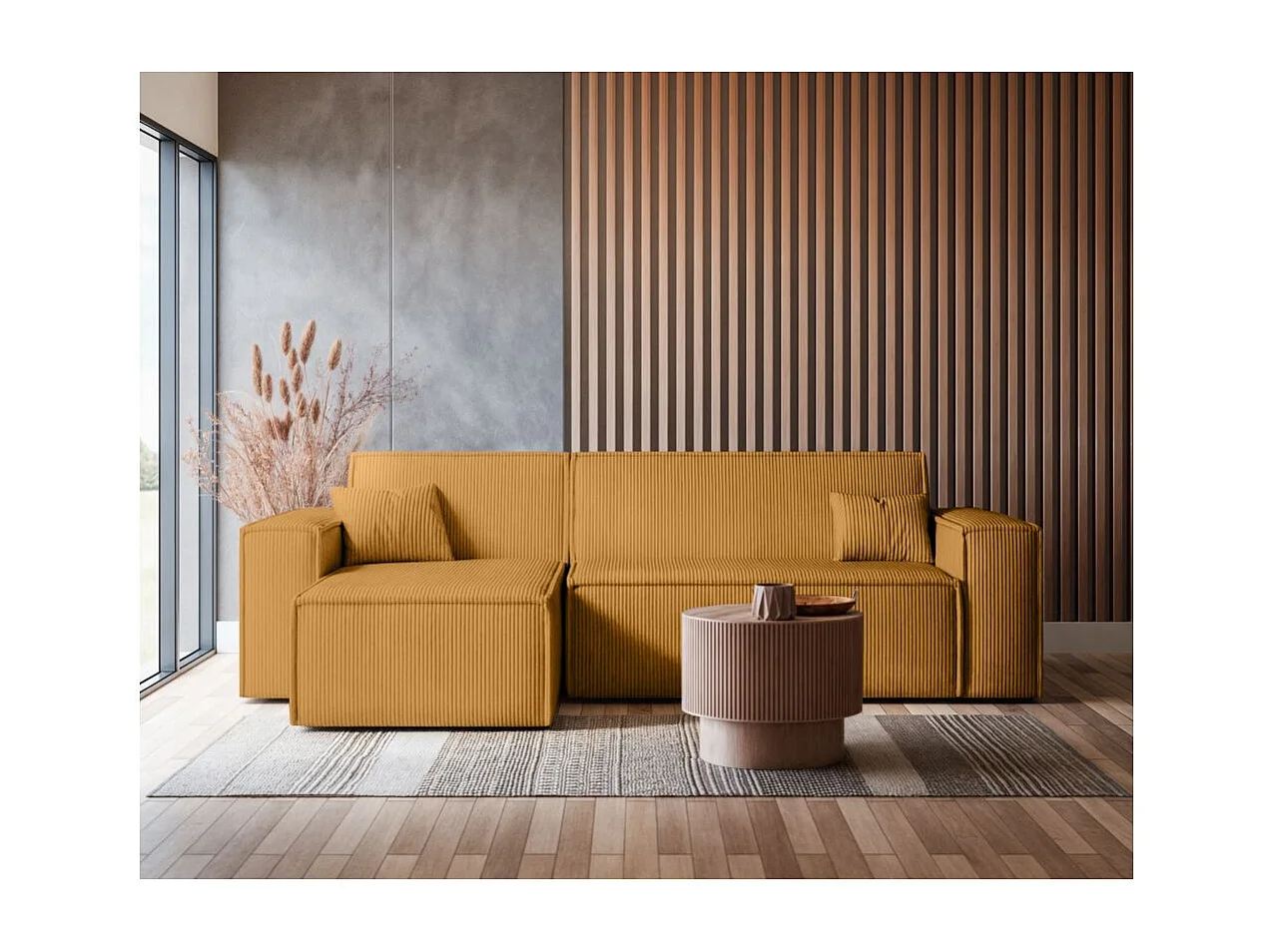 Canapé FARAH d'angle convertible et réversible 4 places en velours côtelé - Jaune