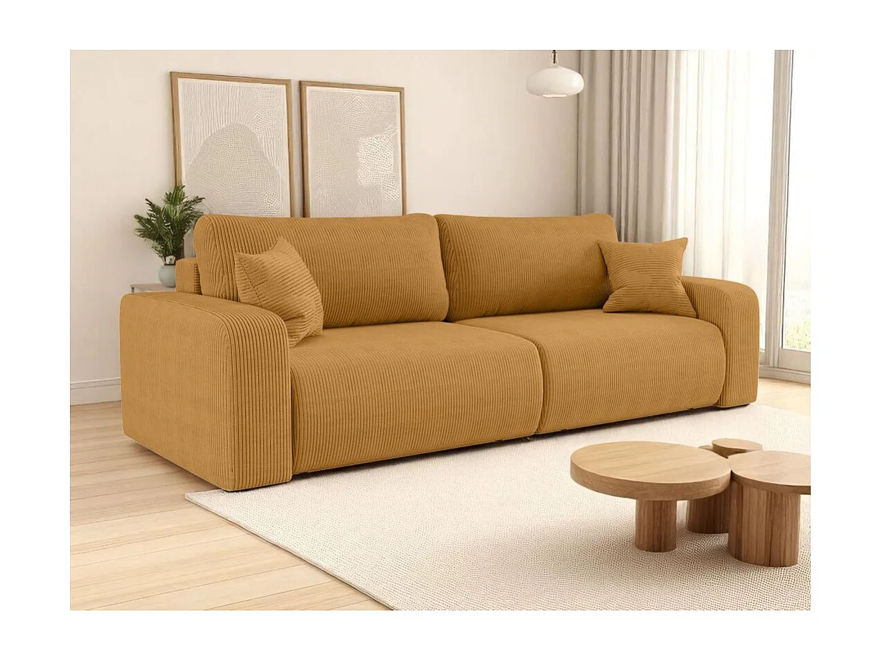 Canapé droit 3 places ALYA convertible en velours côtelé - Jaune