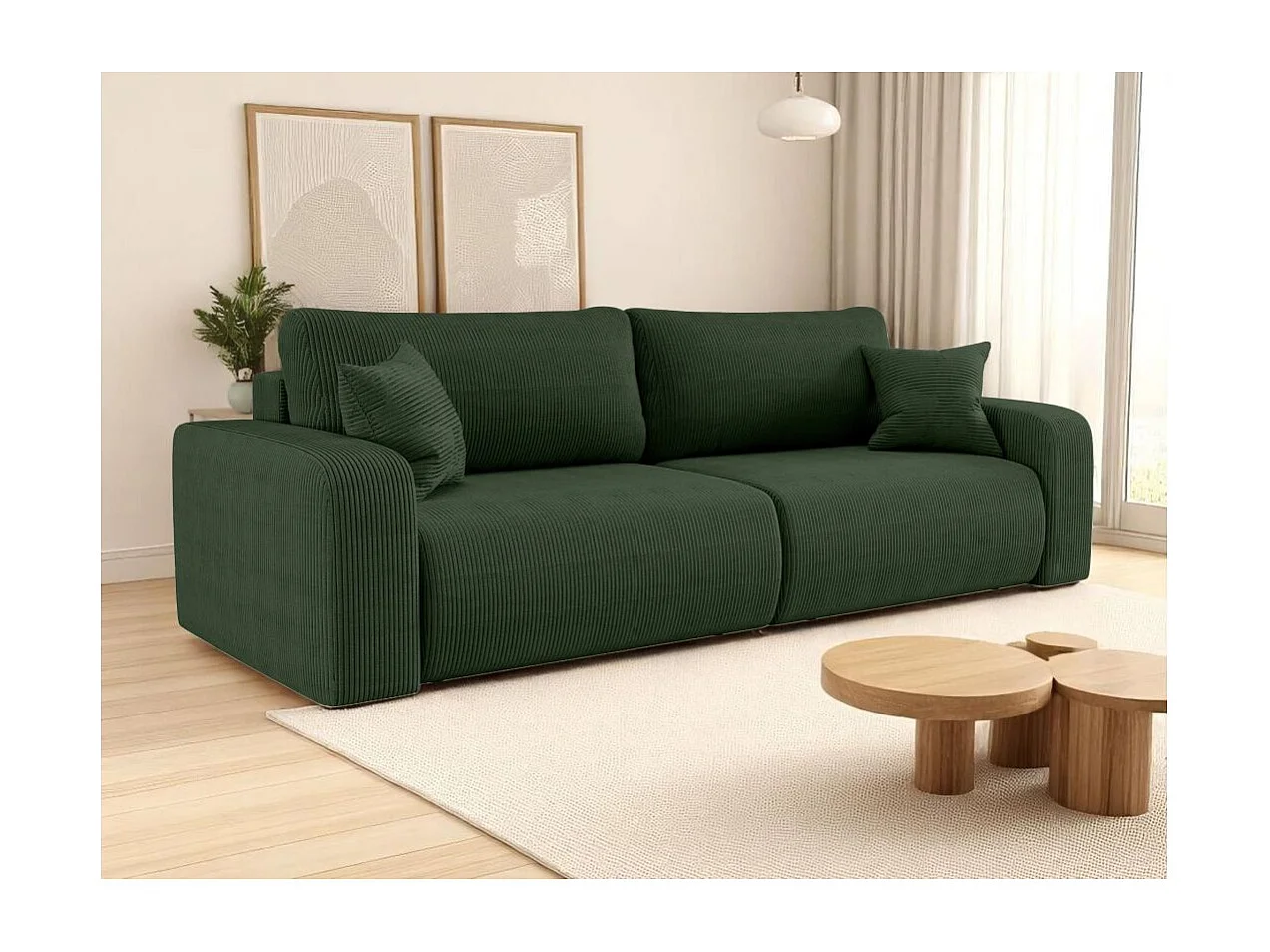 Canapé droit 3 places ALYA convertible en velours côtelé - Vert foncé