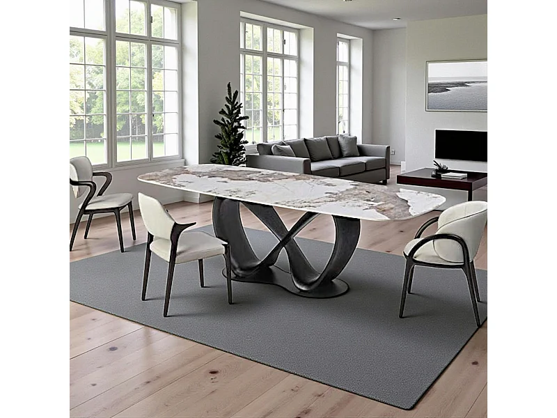 Table céramique marbrée pied ruban bois noir 220 cm ALDER