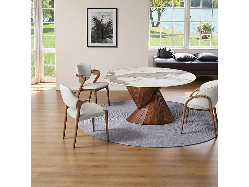 Table ronde céramique pied conique bois marron ⌀160 cm ALDER