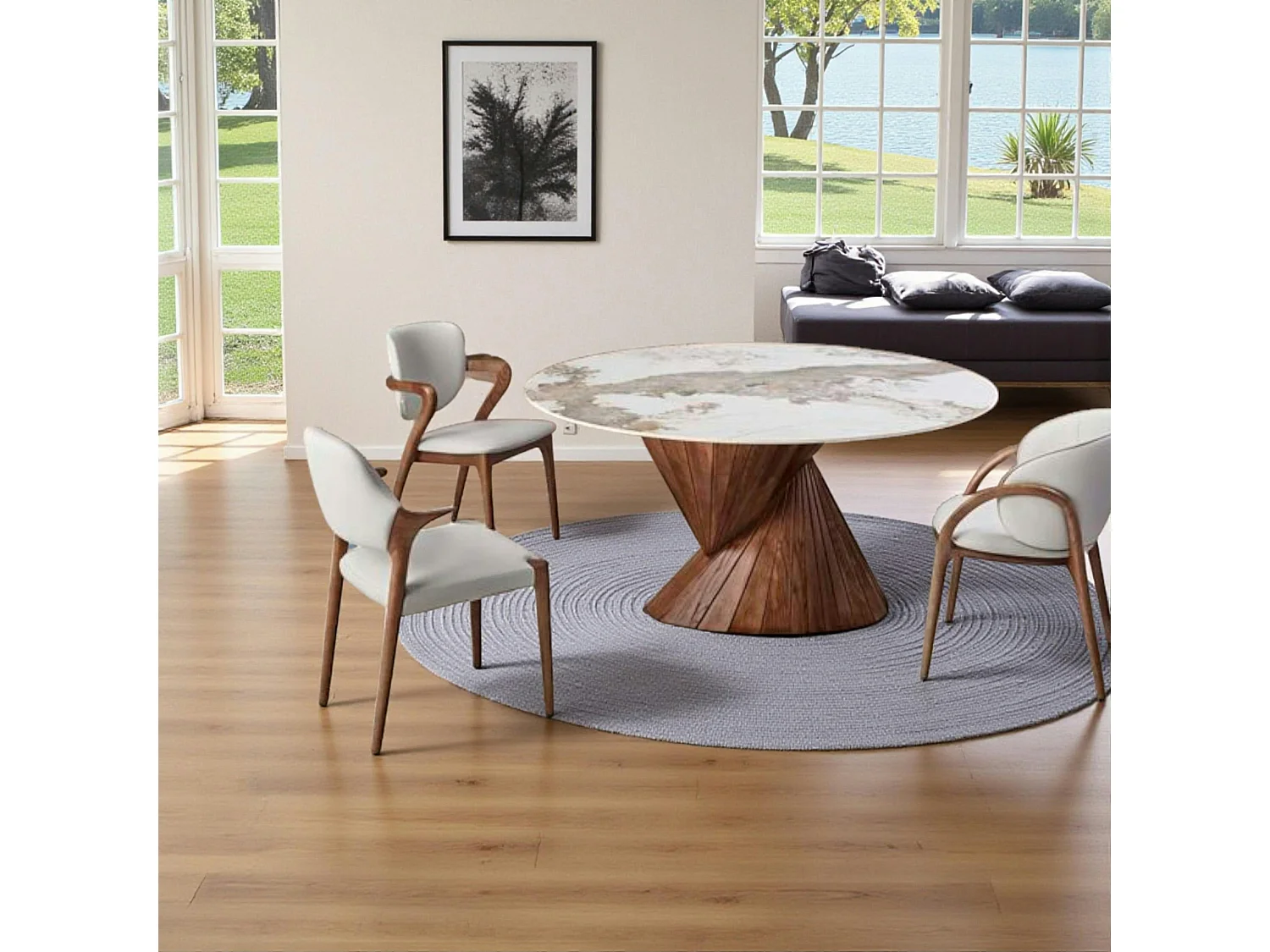 Table ronde céramique pied conique bois marron ⌀160 cm ALDER