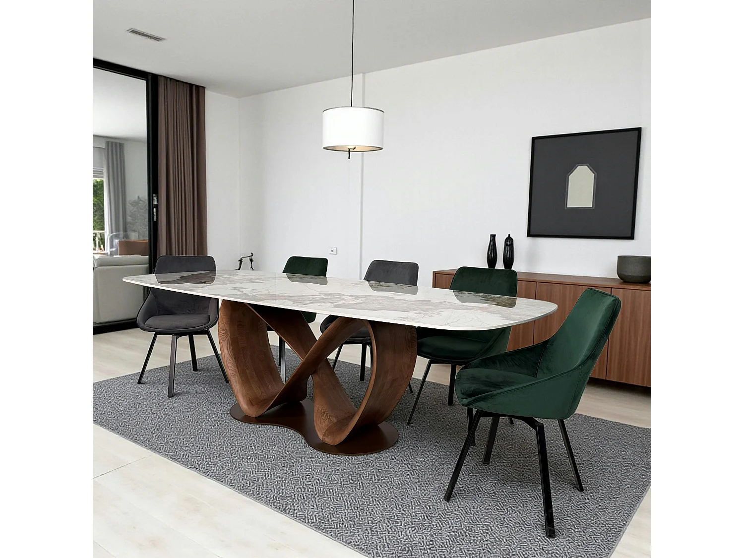 Table céramique marbrée pied ruban bois brun 220 cm ALDER