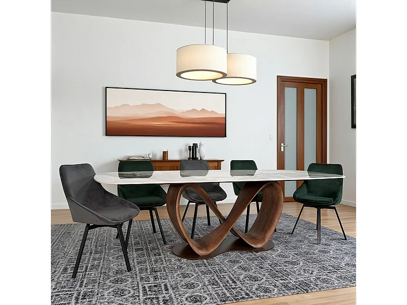 Table céramique marbrée pied ruban bois brun 220 cm ALDER