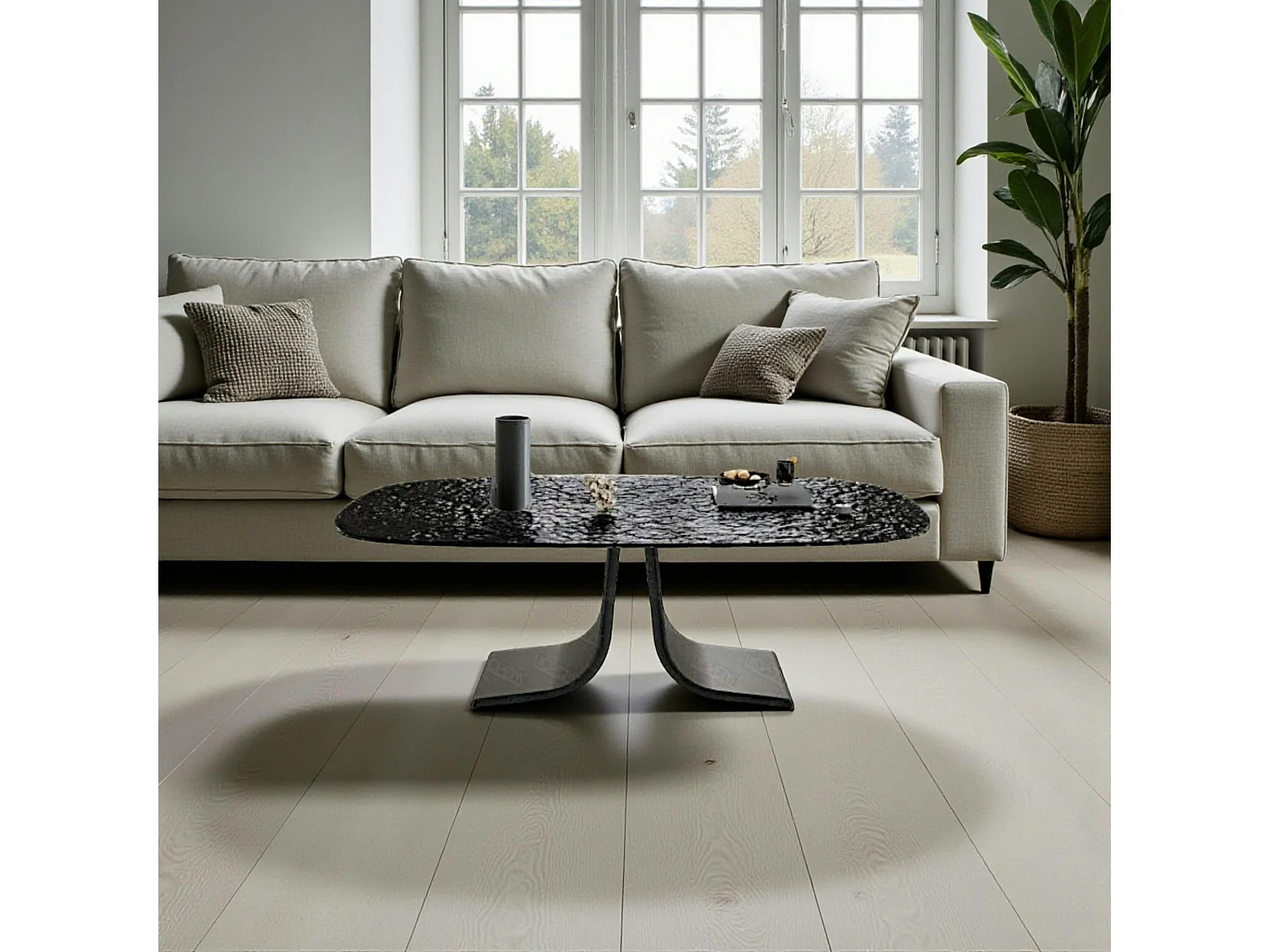 Table basse verre ondulé noir, pied ouvert LIGURIE