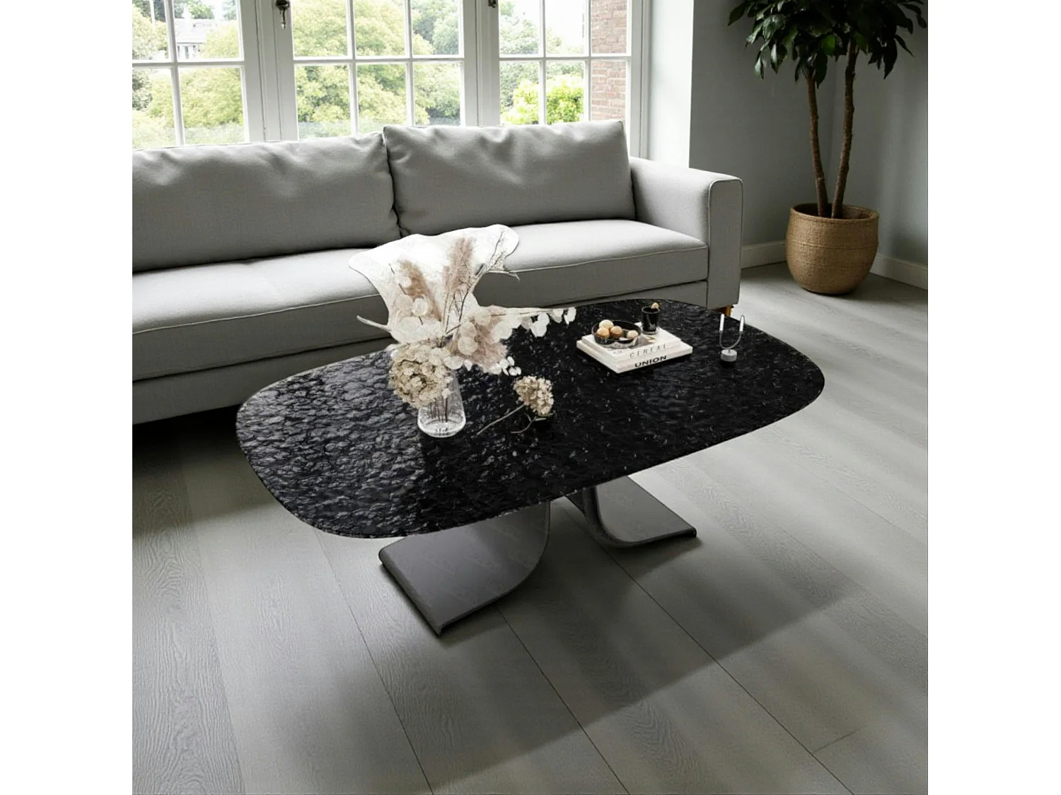 Table basse verre ondulé noir, pied ouvert LIGURIE