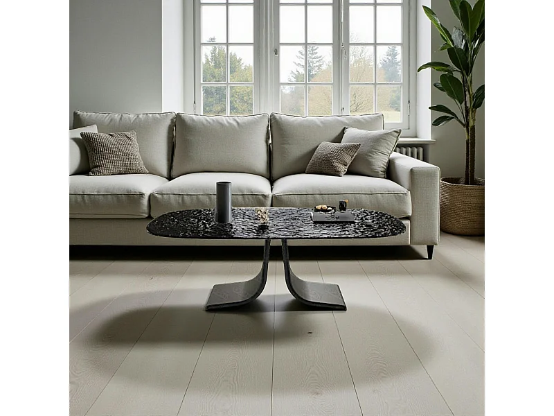 Table basse verre ondulé noir, pied ouvert LIGURIE