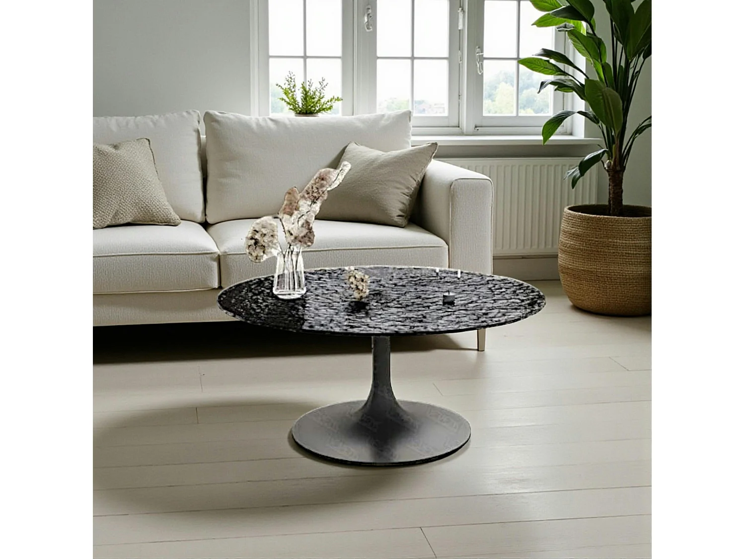 Table basse ronde verre ondulé noir, pied tulipe LIGURIE