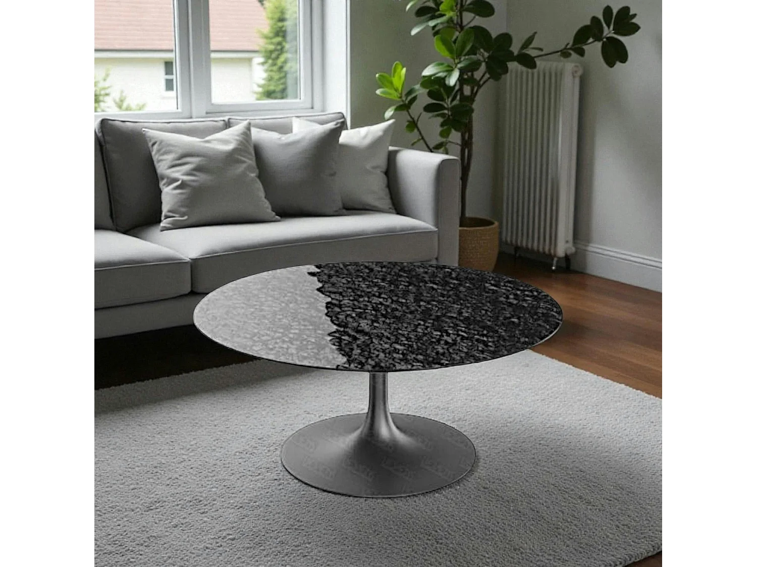 Table basse ronde verre ondulé noir, pied tulipe LIGURIE