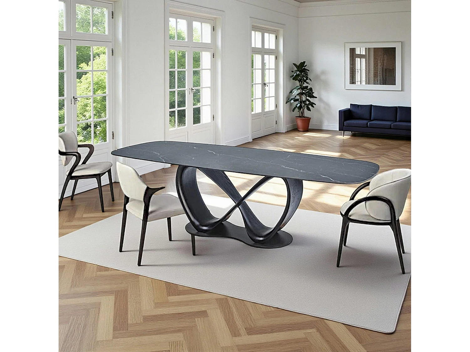 Table céramique grise pied ruban bois noir 260 cm ALDER