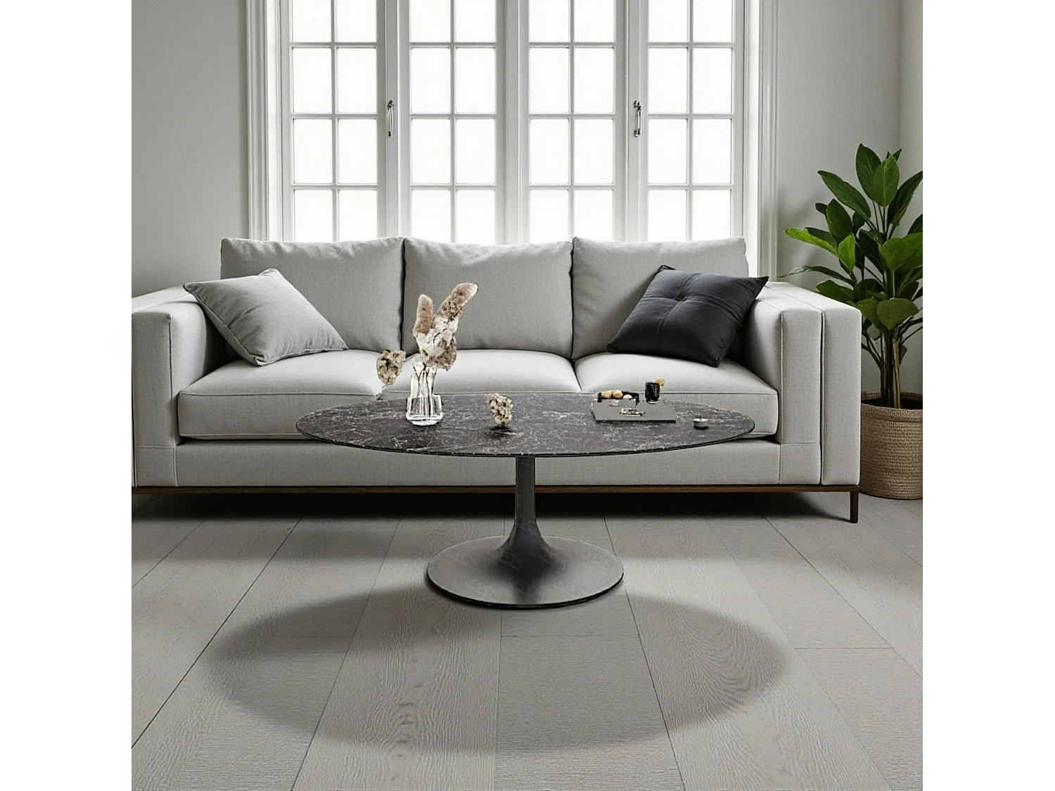 Table basse céramique grise marbrée ovale, pied tulipe LIGURIE