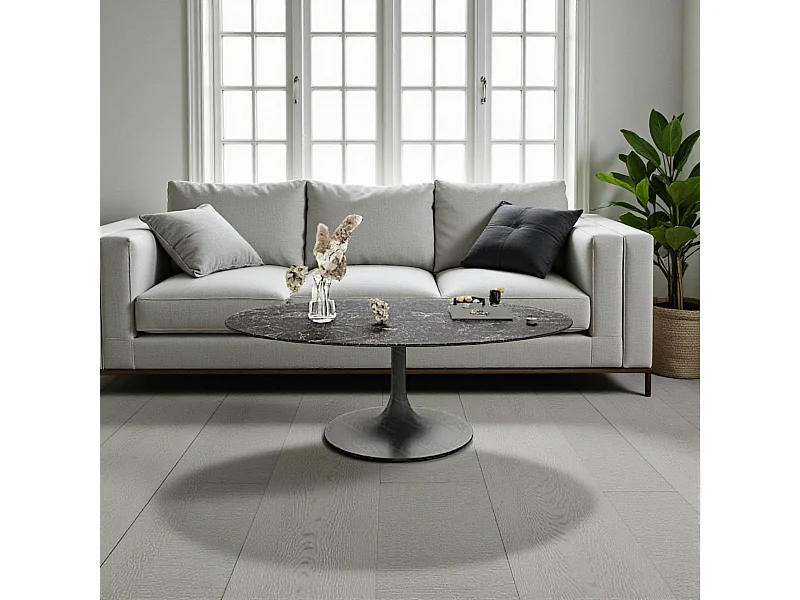 Table basse céramique grise marbrée ovale, pied tulipe LIGURIE