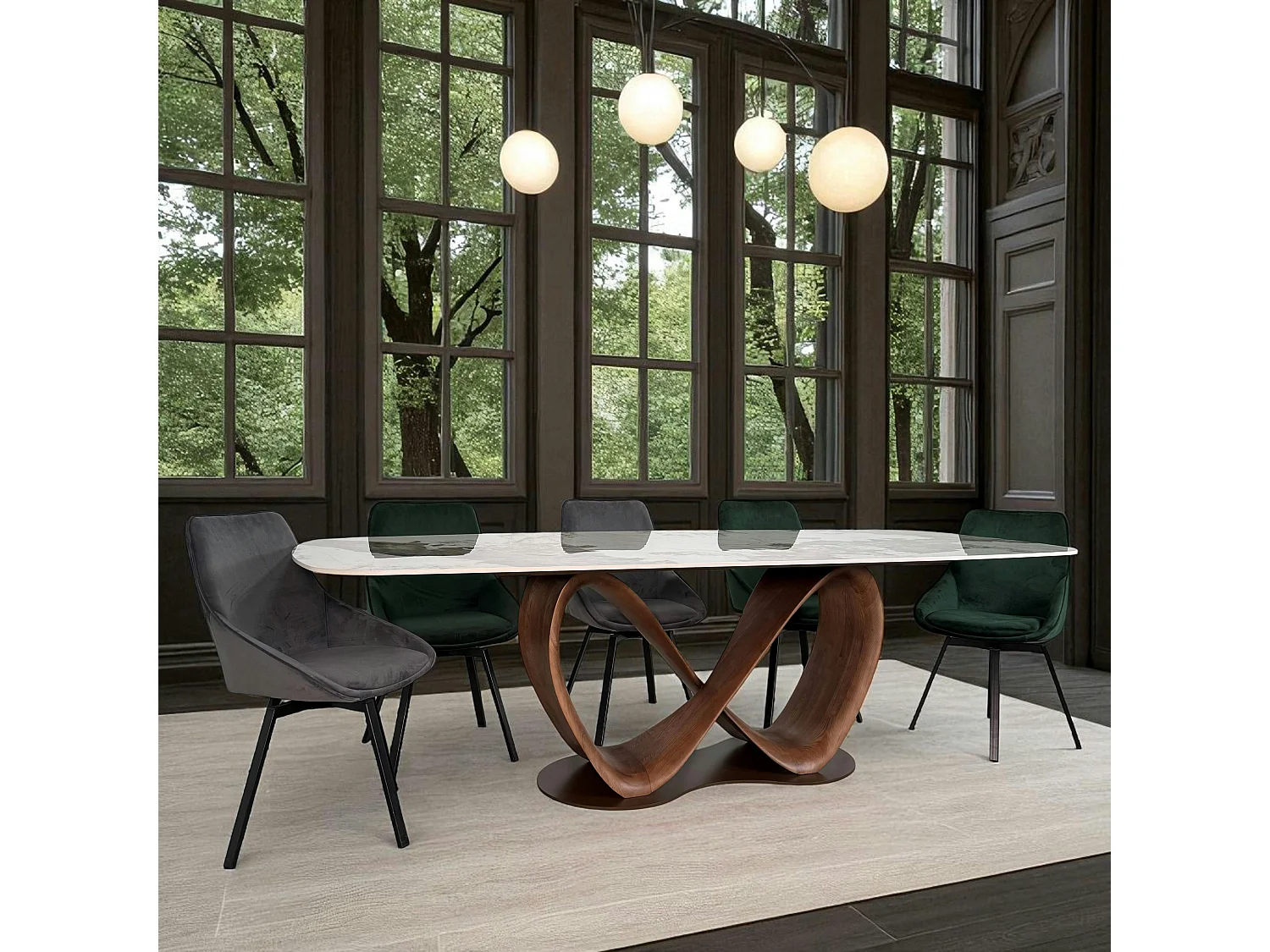 Table céramique marbrée pied ruban bois brun 260 cm ALDER