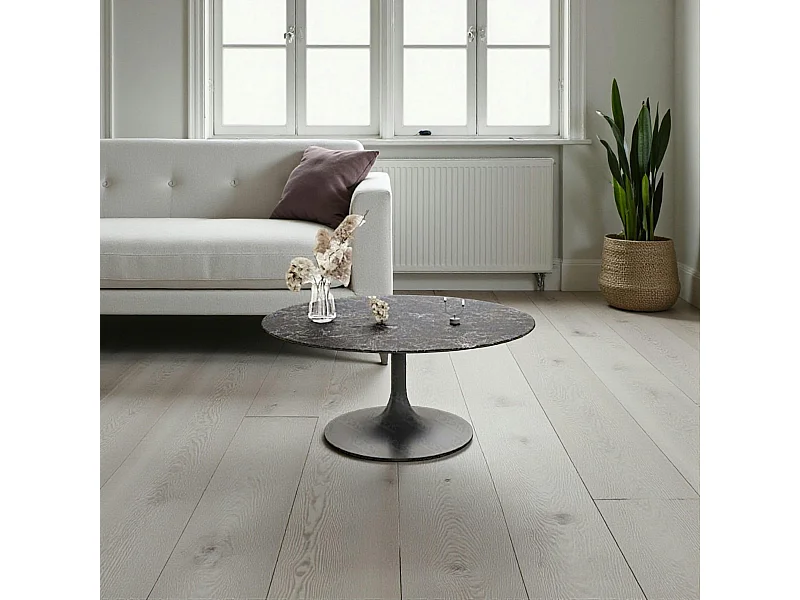 Table basse ronde céramique grise marbrée, pied tulipe LIGURIE