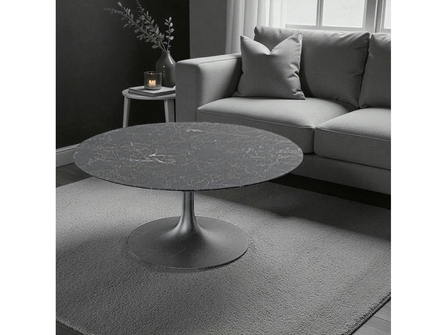 Table basse ronde céramique grise marbrée, pied tulipe LIGURIE