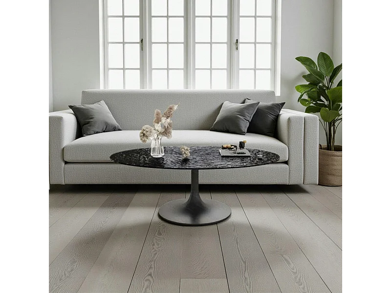 Table basse verre ondulé noir ovale, pied tulipe LIGURIE