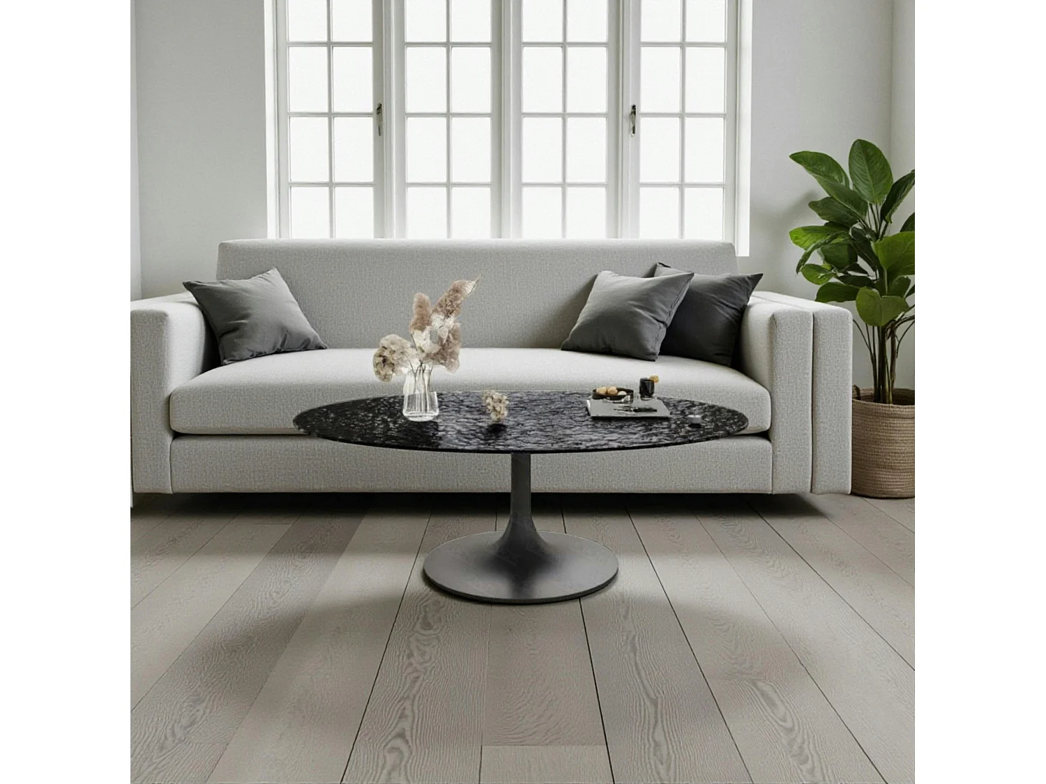 Table basse verre ondulé noir ovale, pied tulipe LIGURIE