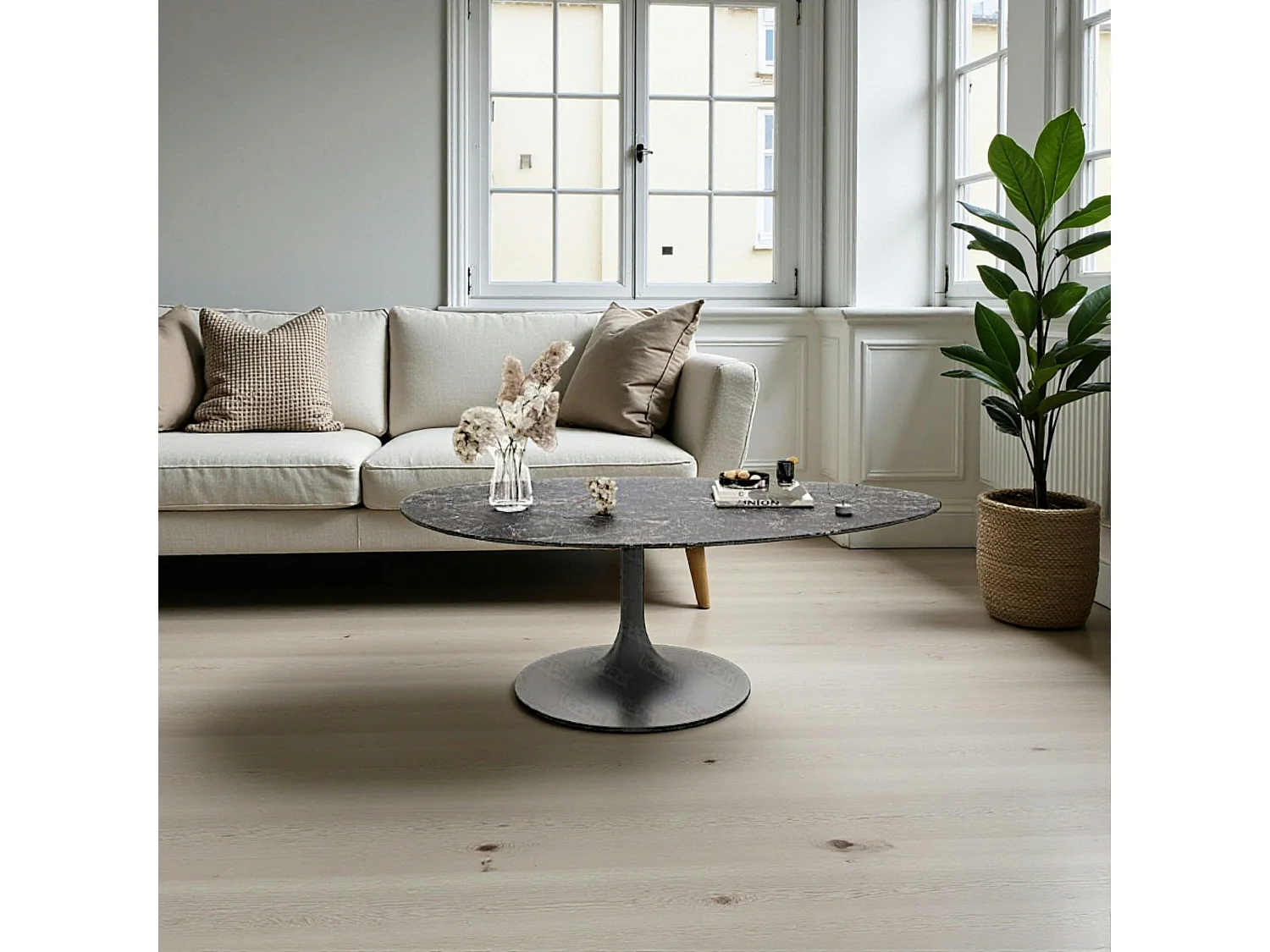 Table basse céramique grise marbrée, pied tulipe LIGURIE