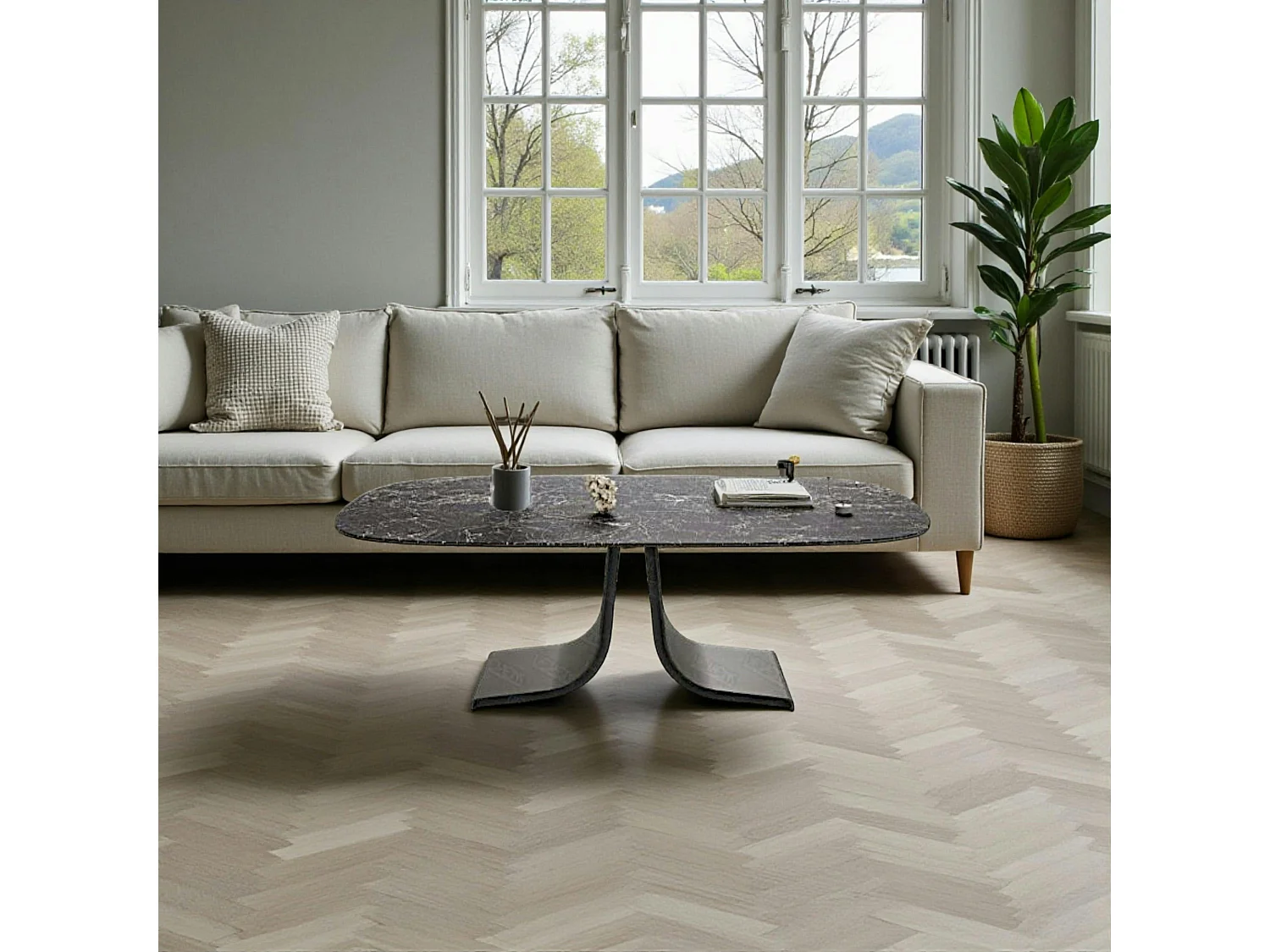 Table basse céramique grise marbrée pied ouvert LIGURIE