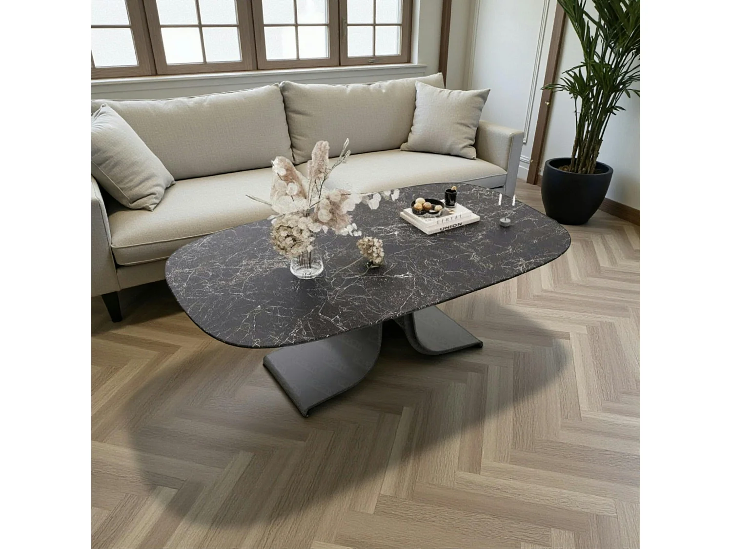 Table basse céramique grise marbrée pied ouvert LIGURIE