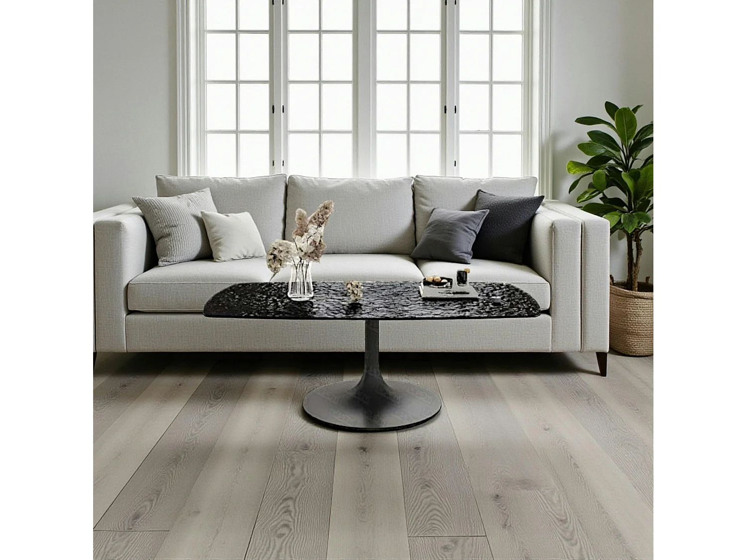 Table basse verre ondulé noir, pied tulipe LIGURIE