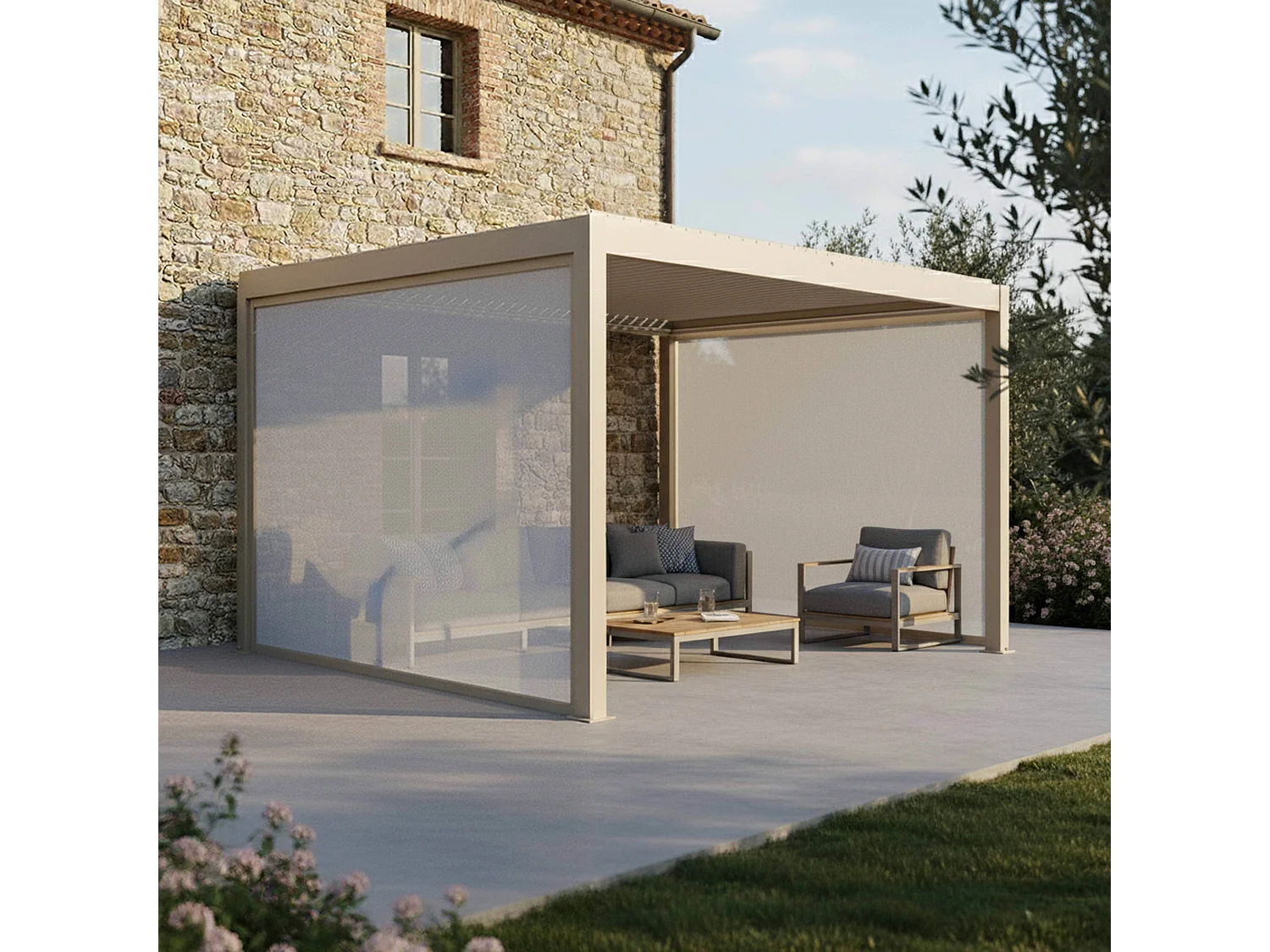 3x4m aanbouw bioklimatische pergola en 2 crèmekleurige jaloezieën