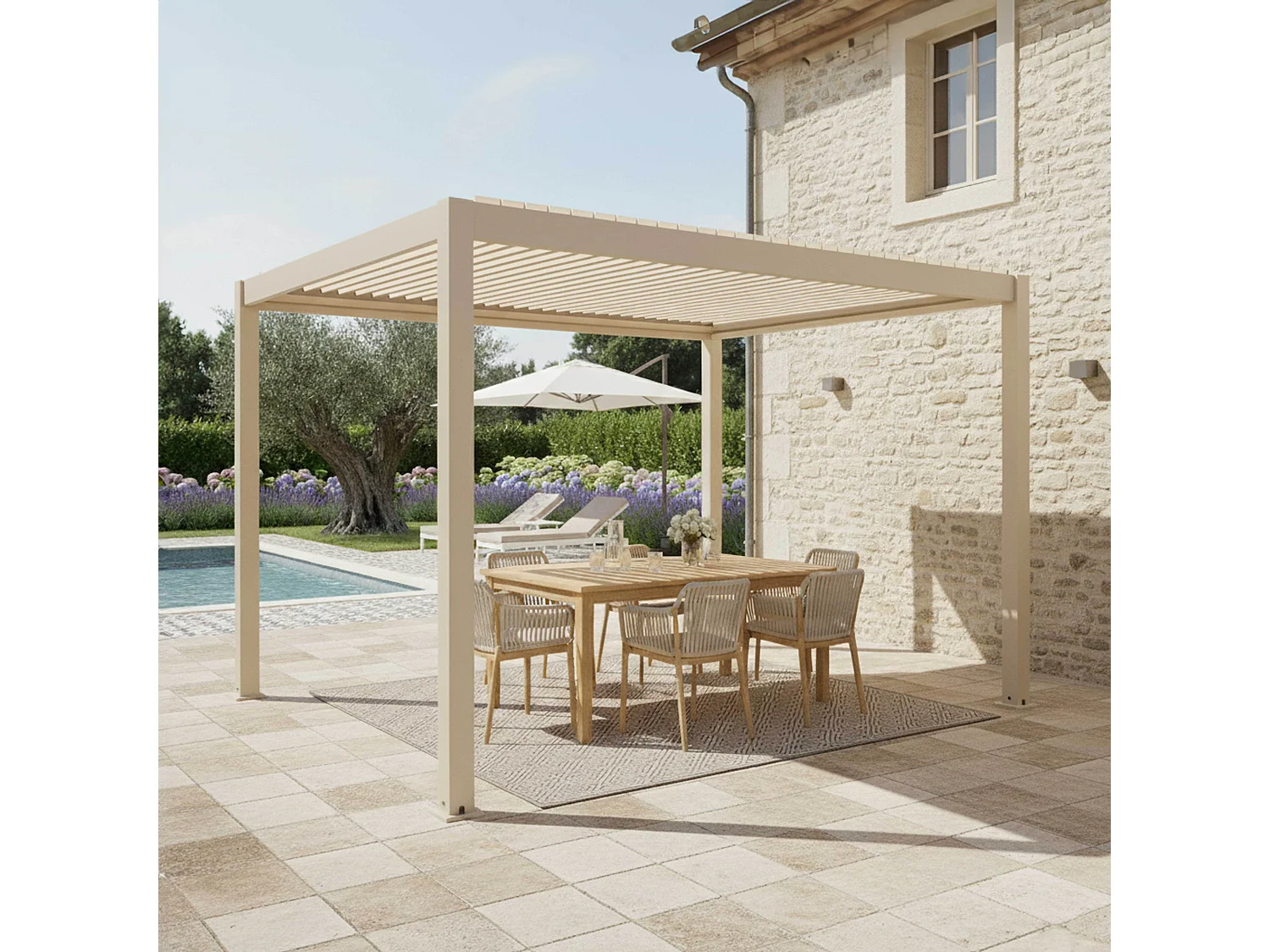 Vrijstaande bioklimatische pergola 3x4m in crèmekleurig hout aluminium