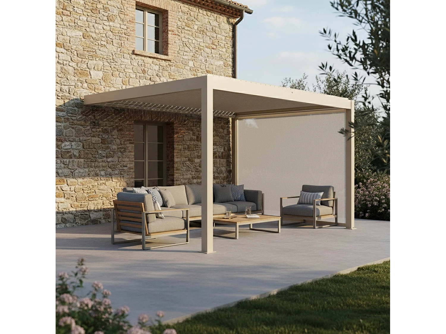 3x4m aanbouw bioklimatische pergola en 2 crèmekleurige jaloezieën