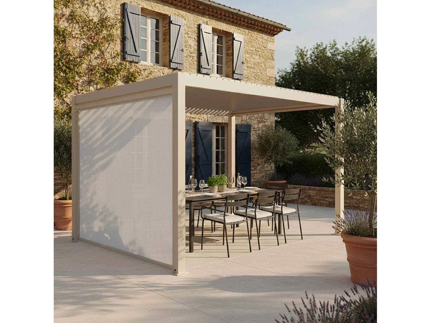Pergola bioclimatique autoportée 3x4m et 1 store bois crème