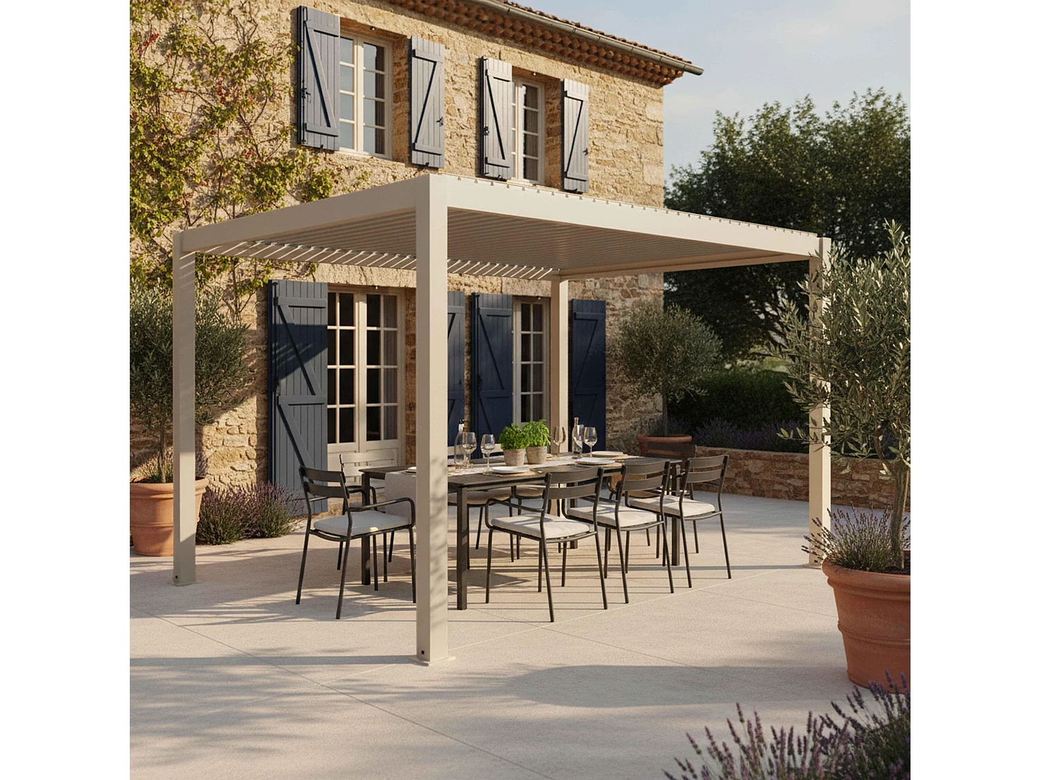 Pergola bioclimatique autoportée 3x4m et 1 store bois crème
