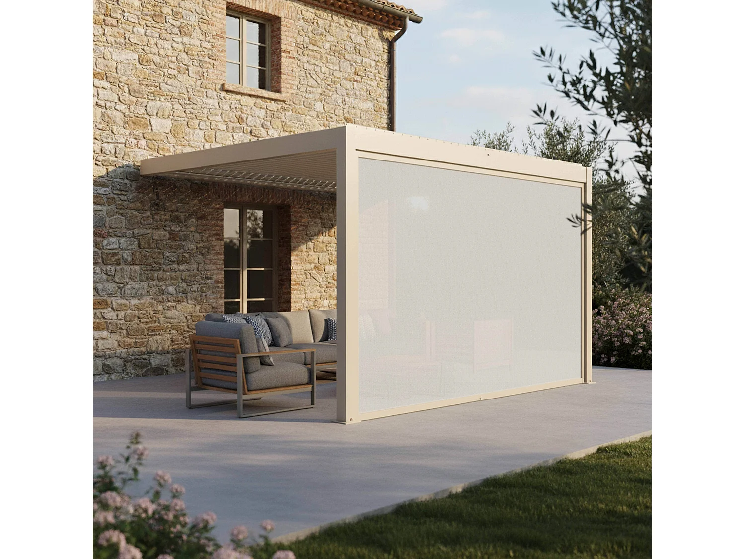 3x4m aanbouw bioklimatische pergola en 1 crèmekleurige jaloezie