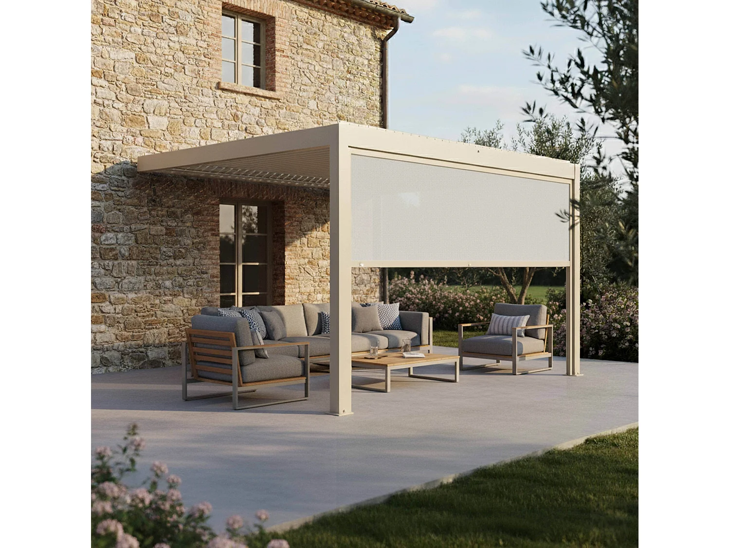 3x4m aanbouw bioklimatische pergola en 1 crèmekleurige jaloezie