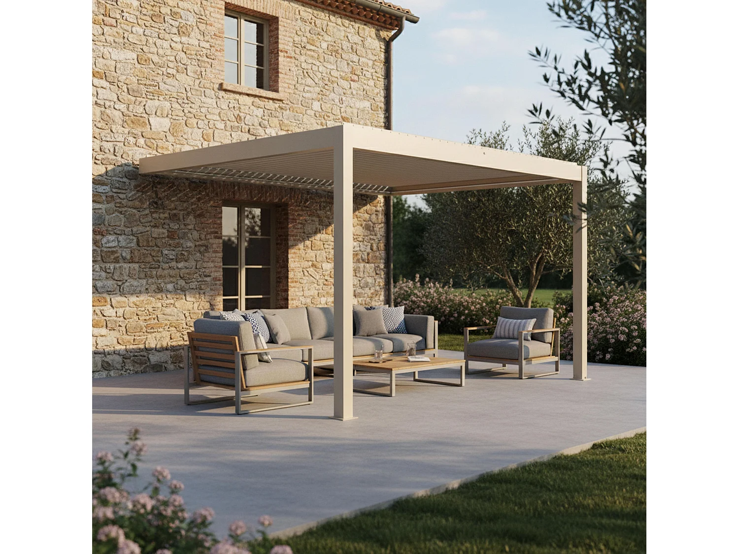 3x4m aanbouw bioklimatische pergola en 1 crèmekleurige jaloezie